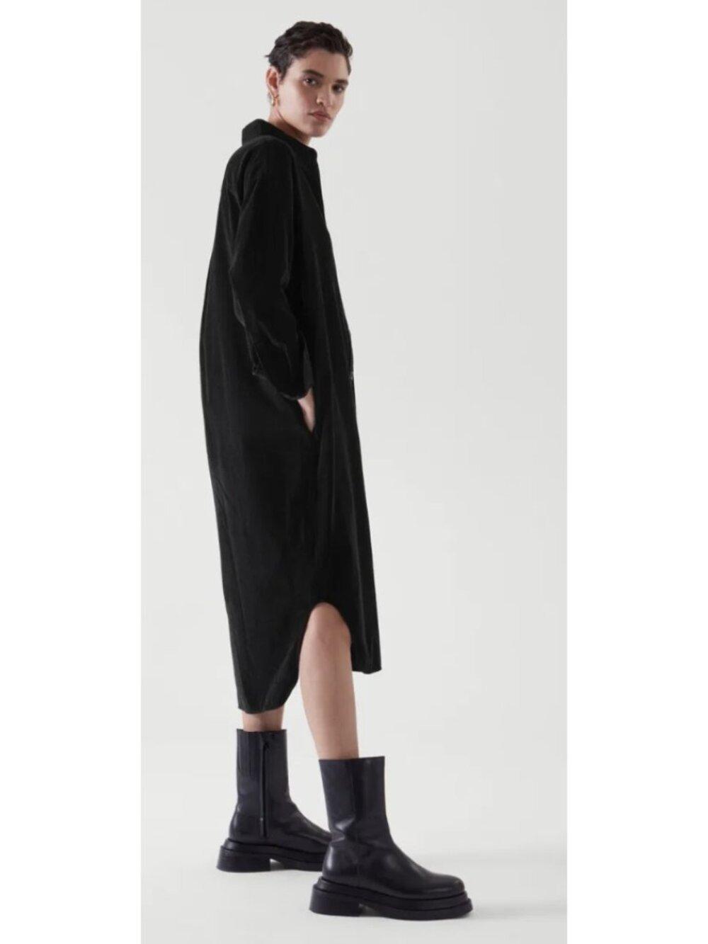 COS Corduroy Shirt Midi Dress Black US 12 Minimalist Quiet Luxury 90s Oversized - Picture 1 of 14